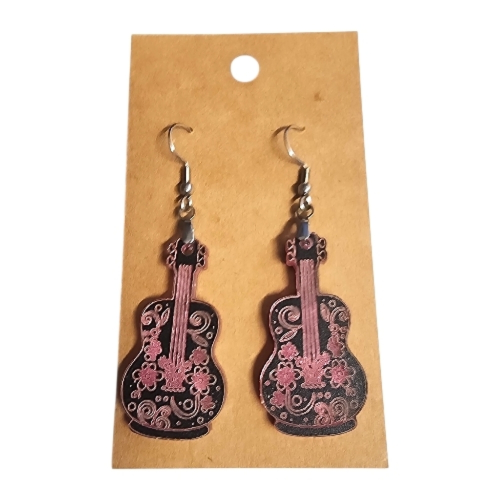 Rose Serenade Guitar Acrylic Drop Earrings